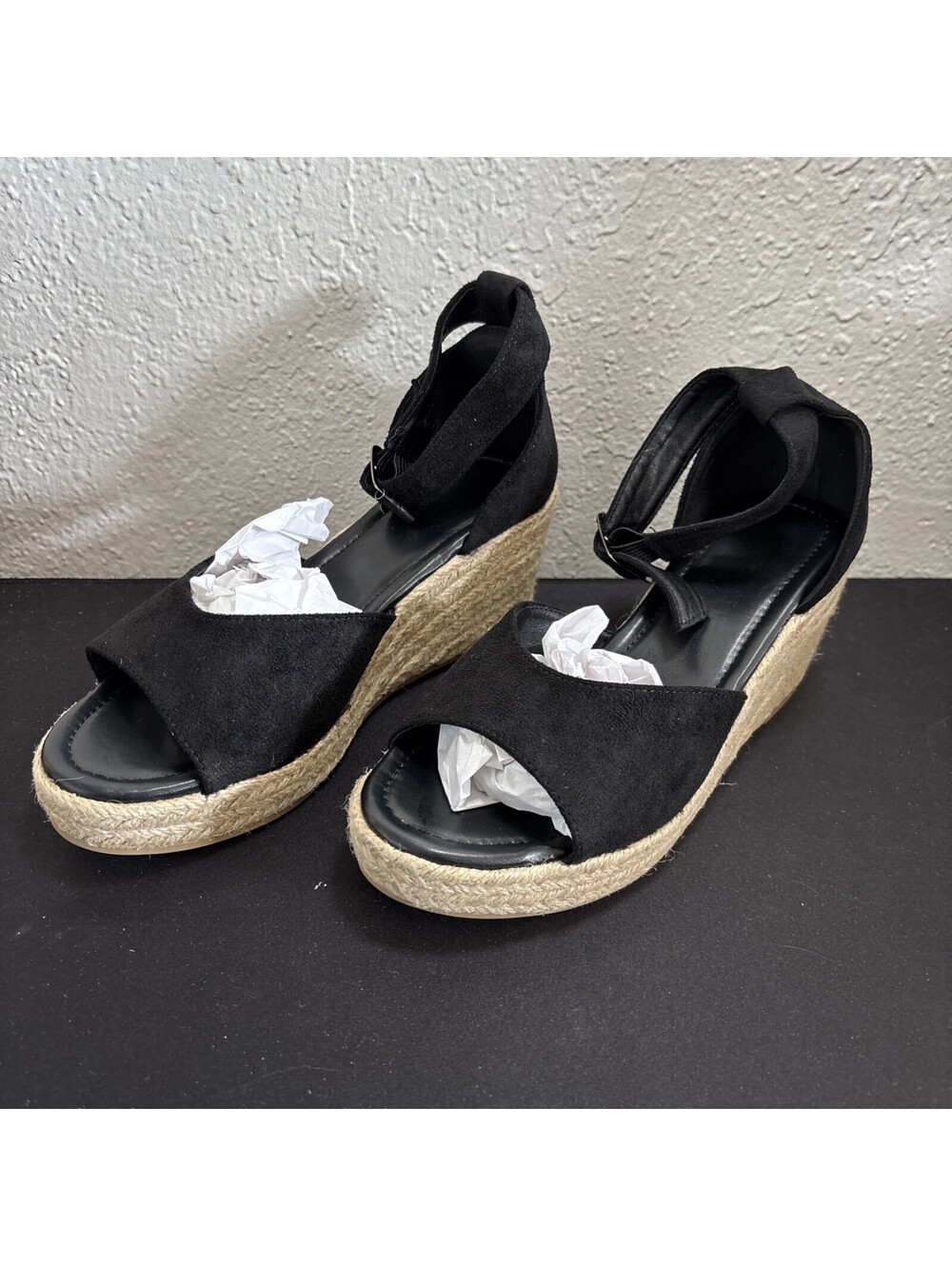Unbranded Black Faux Suede Espadrille Wedge Sandals Size 6